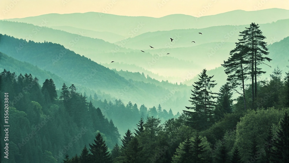 Fototapeta premium Misty mountain range with layers of evergreen trees and birds flying in the sky