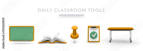 School Equipment Icons Including Chalkboard, Book, Thumbtack, Clipboard, and Desk in a Clean 3D Style on White Background. Useful for Educational Projects. Vector Illustration.