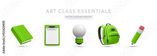 Essential Learning 3D Icons Including Book, Clipboard, Light Bulb, Backpack, And Pencil. Great For Education, Study Tools, And School Design Projects. Vector Illustration.