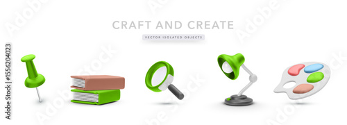 3D Creative Icon Set Featuring Push Pin, Books, Magnifying Glass, Desk Lamp, And Paint Palette. Perfect For Arts, Study, And DIY Projects. Colorful Vector Illustration.