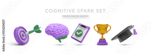 3D Education Icons With Target, Brain, Checklist, Trophy, And Graduation Cap In Purple And Gold Tones. Perfect For Learning, Memory Training, Or Academic Goals. Vector Illustration.
