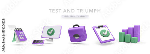 3D Education Icons Including Calendar, Monitor, Briefcase, Checklist, And Bar Graph In Purple And Green Theme. Ideal For Online Learning, Exams, Or Progress Tracking. Vector Illustration.