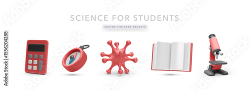 Science Icons Set Including Calculator, Compass, Virus Cell, Open Book, And Microscope In Colorful 3D Cartoon Style. Great For Student Education And STEM Topics. Vector Illustration.