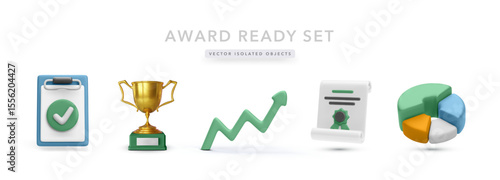 Business And Award Icons Including Trophy, Certificate, Checklist, Graph Arrow, And Pie Chart In Colorful 3D Style. Suitable For Achievement Themes. Vector Illustration.