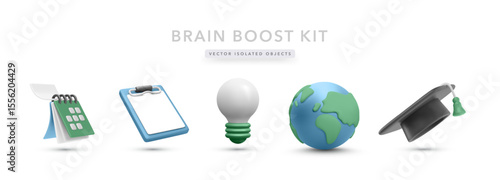 Education Icons Set Including Globe, Calendar, Clipboard, Graduation Cap, And Lightbulb In Clean 3D Style. Ideal For Global Learning Concepts. Vector Illustration.