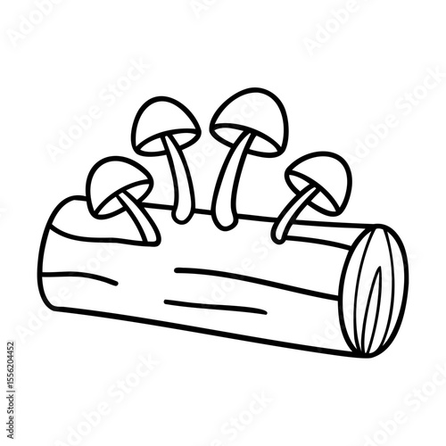 Black and white line art illustration of mushrooms growing on a log