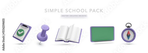 School and Learning Icons Including Checklist, Pushpin, Open Book, Blackboard, and Compass in Clean 3D Style. Great for Education, Planning, and Student Projects. Vector Illustration.