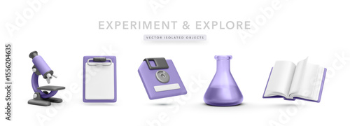 Science and Research Icons Featuring Microscope, Clipboard, Floppy Disk, Flask, and Open Book in Bright 3D Style. Ideal for Lab, Education, and STEM Learning Projects. Vector Illustration.