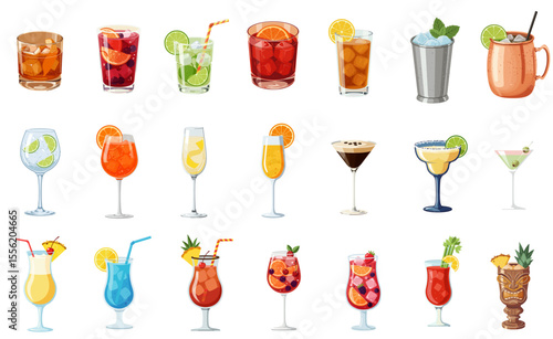 Vector icon set of 21 popular alcoholic cocktails: Mimosa, Bloody Mary, Sangria, Blue Lagoon, Pina Colada, Aperol Spritz, and more. Ideal for bar and restaurant menus, food blogs, event flyers.