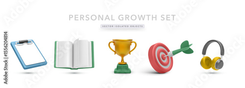 Personal Development Icons Including Clipboard, Book, Trophy, Target, and Headphones in Bright 3D Style. Perfect for Coaching, Education, and Goal Setting Projects. Vector Illustration.