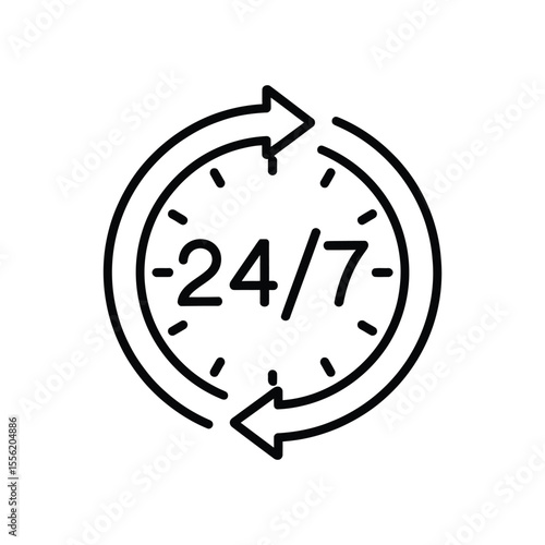 Simple black line art icon of a clock with 24 7 and circular arrows