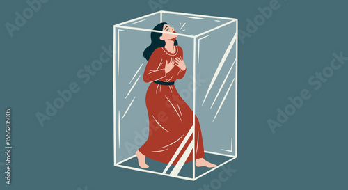 Woman with Claustrophobia trapped inside a transparent glass box gasping for air  