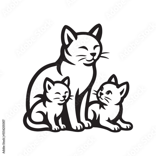 Happy family of cats in bold line art cute cartoon style