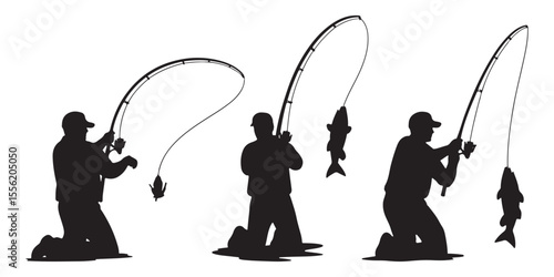 Collection of fishermen icon silhouettes with fish catches in motion