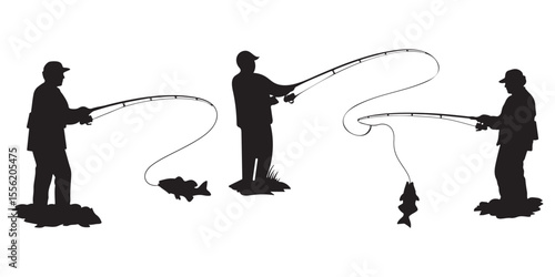 Vector illustration of fisherman silhouettes with fishing rod and fish