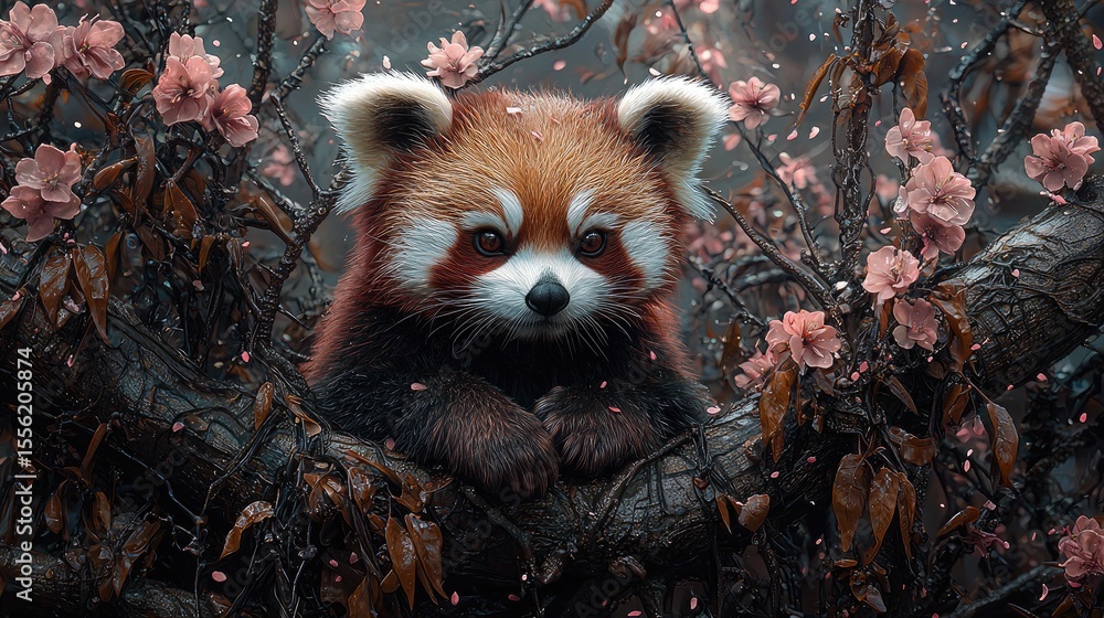 Fototapeta premium Red panda resting in a blossom-laden tree.