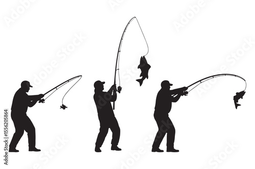 Collection of fishermen icons in black silhouette style