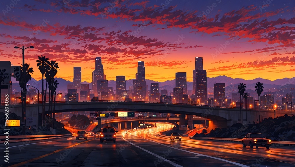 Fototapeta premium Vibrant Los Angeles Sunset: Fiery Sky Over a Dynamic Cityscape and Freeway