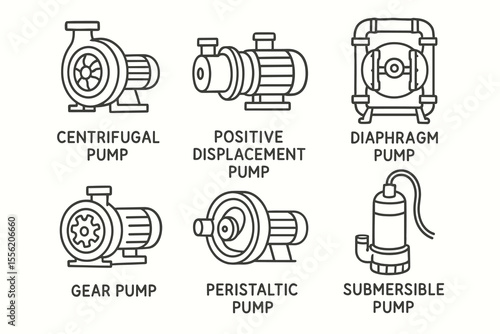 Types of pumps: centrifugal, positive displacement, diaphragm, gear, peristaltic, submersible