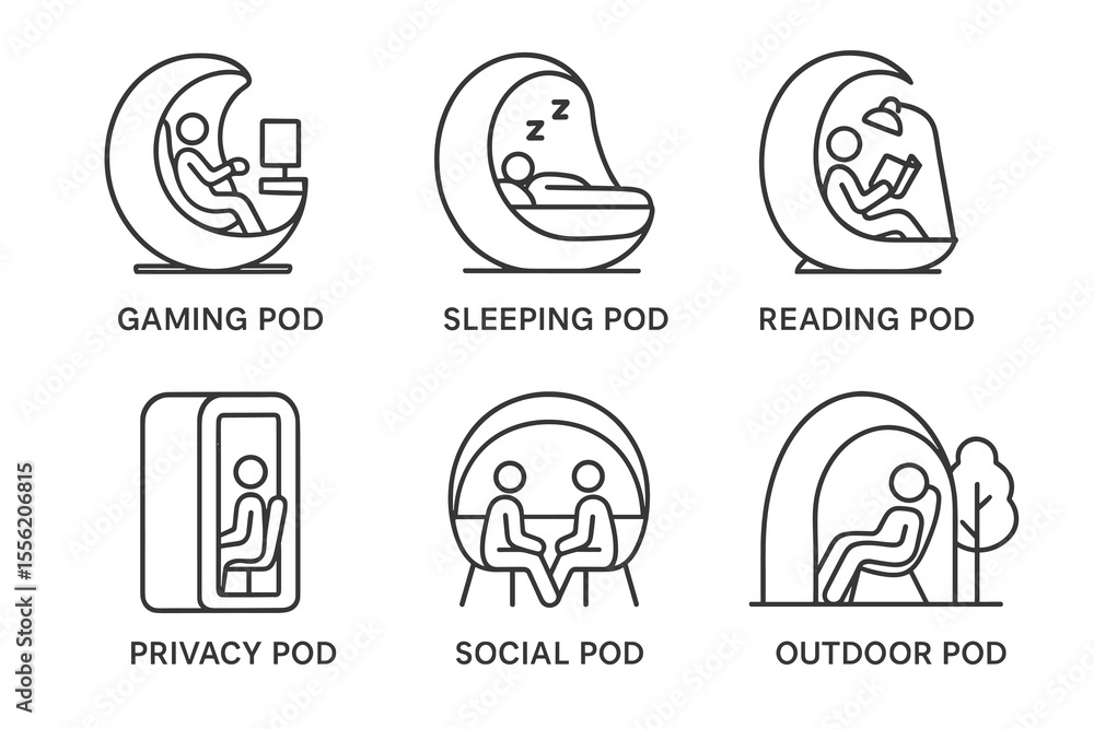 Fototapeta premium Line icons of gaming, sleeping, reading, privacy, social, and outdoor pods