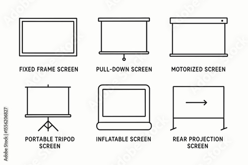 Types of projection screens: fixed, pull-down, motorized, tripod, inflatable, rear
