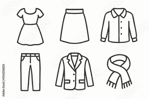 Simple clothing icons: dress, skirt, shirt, pants, blazer, scarf