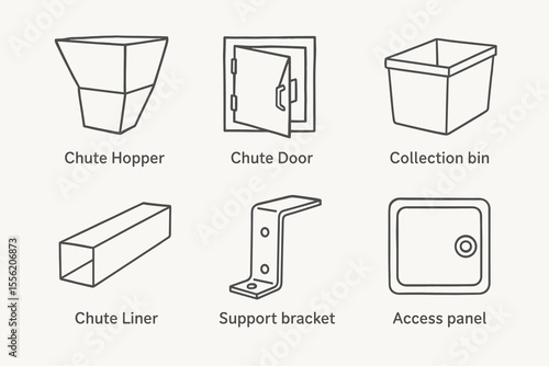 Industrial component diagrams: chute hopper, chute door, collection bin, chute liner, support bracket, access panel