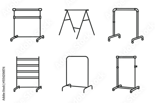 Set of six minimalist clothing racks and storage structures