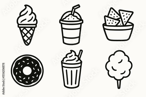 Outline icons of ice cream, milkshake, nachos, donut, and cotton candy