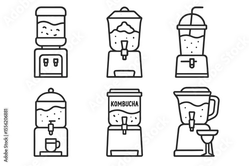 Set of six beverage dispenser icons including kombucha and water coolers