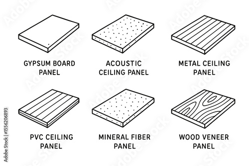 Various ceiling panel types: gypsum, acoustic, metal, pvc, mineral fiber, wood veneer