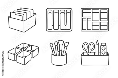 Black and white icon set of desk organizers and stationery tools
