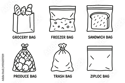Types of storage bags illustration: grocery, freezer, sandwich, produce, trash, ziploc