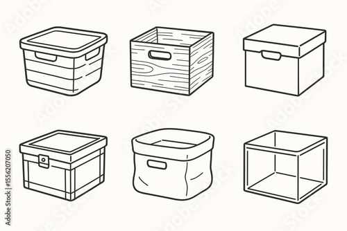Collection of six outline storage boxes in various styles and shapes