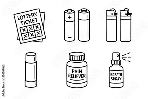 Black and white illustrations of everyday items - lottery ticket, batteries, lighters, lip balm, pain reliever, breath spray