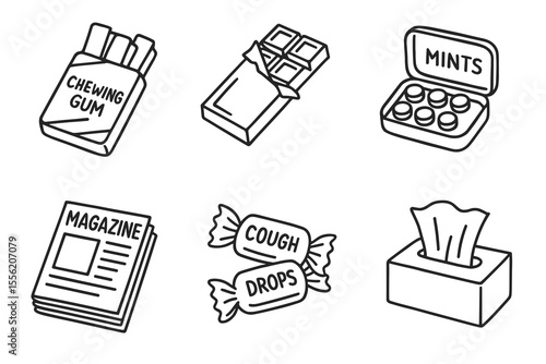 Outline illustrations of chewing gum, chocolate, mints, magazine, cough drops, tissue box