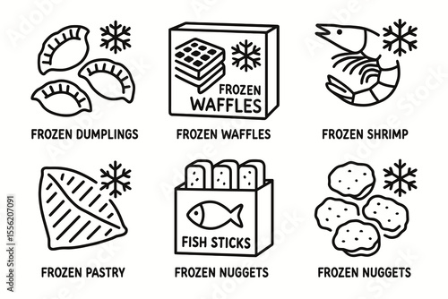 Frozen food icons: dumplings, waffles, shrimp, pastry, fish sticks, nuggets