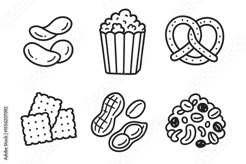Snack icons: popcorn, pretzel, crackers, peanuts, jelly beans