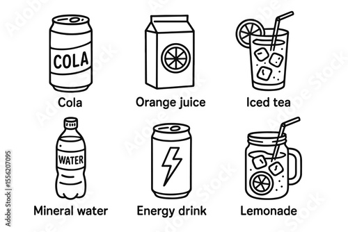 Illustrated beverage icons including cola, orange juice, iced tea, mineral water, energy drink, lemonade