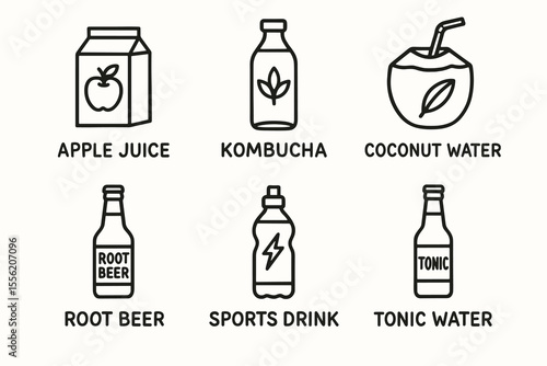Beverage icons: juice, kombucha, coconut water, root beer, sports drink, tonic
