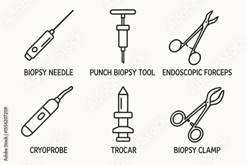 Medical instruments icons: biopsy needle, punch biopsy tool, endoscopic forceps