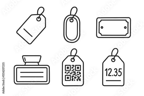 Set of black outline price tags with qr code and price display