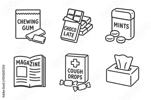 Hand-drawn icons of chewing gum, chocolate, mints, magazine, cough drops, tissues