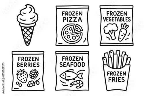 Black and white drawings of various frozen food items and ice cream cone