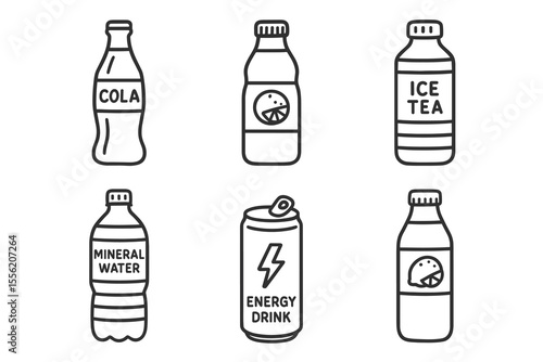 Assorted beverage icons: cola, ice tea, mineral water, energy drink