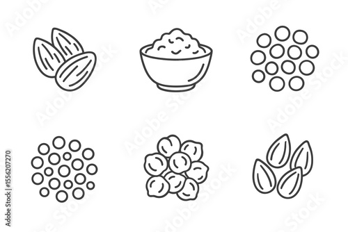 Outline icons of almonds, rice, lentils, chickpeas, beans, and pumpkin seeds