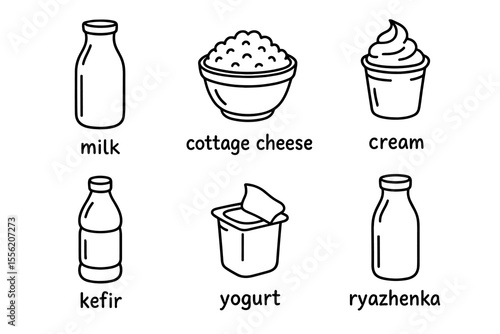 Dairy products icons: milk, cottage cheese, cream, kefir, yogurt, ryazhenka