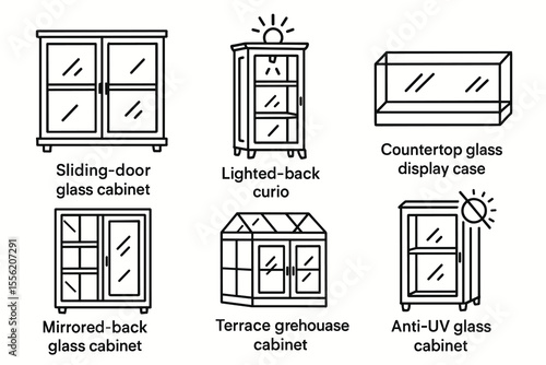 Assorted glass cabinets and display cases: sliding, lighted, mirrored, countertop, terrace greenhouse, anti-uv