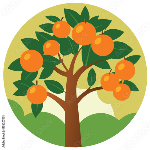 Fruit Tree with Ripe Mandarins Icon on White Backgroun