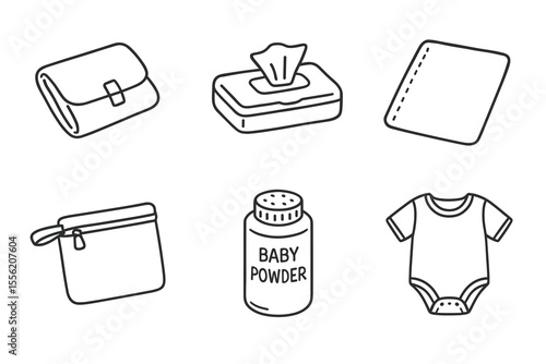 Baby essentials icons set: diaper, wipes, clothing, powder, and bag